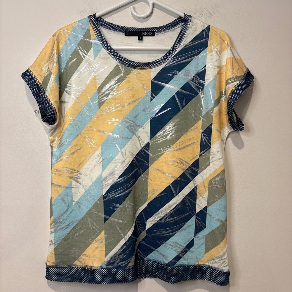 NESS Womens Short‎ Sleeve Top Art to Wear Mesh Ringer Detail Blue Green Silver S